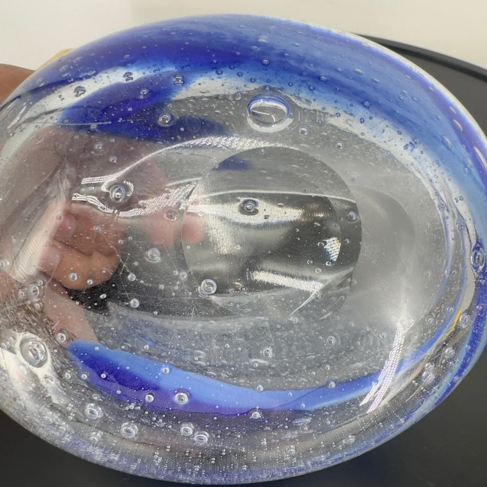 Murano Style Blown Art Glass Cobalt Blue Swirl Controlled Bubble Confetti Heavy